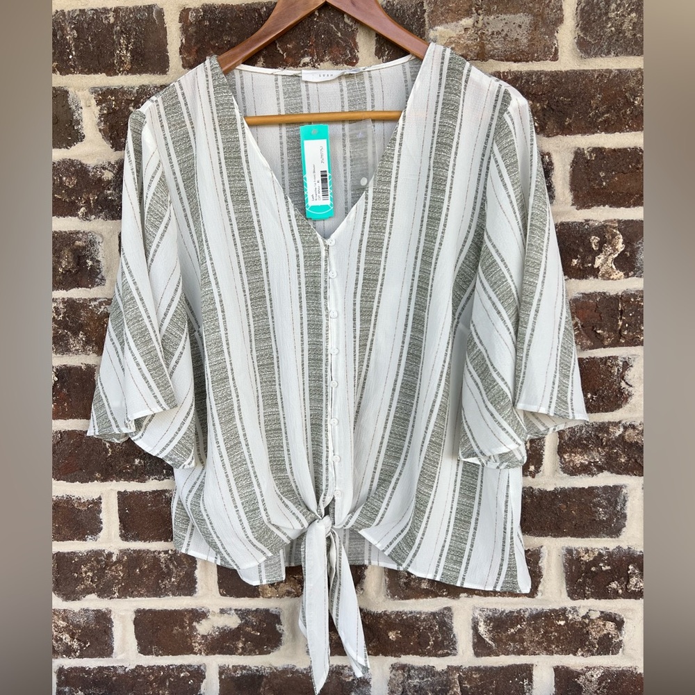 NWT Stitch Fix Lush: Olive & Ivory Striped Button-Down Tie-Front Top: Size XL